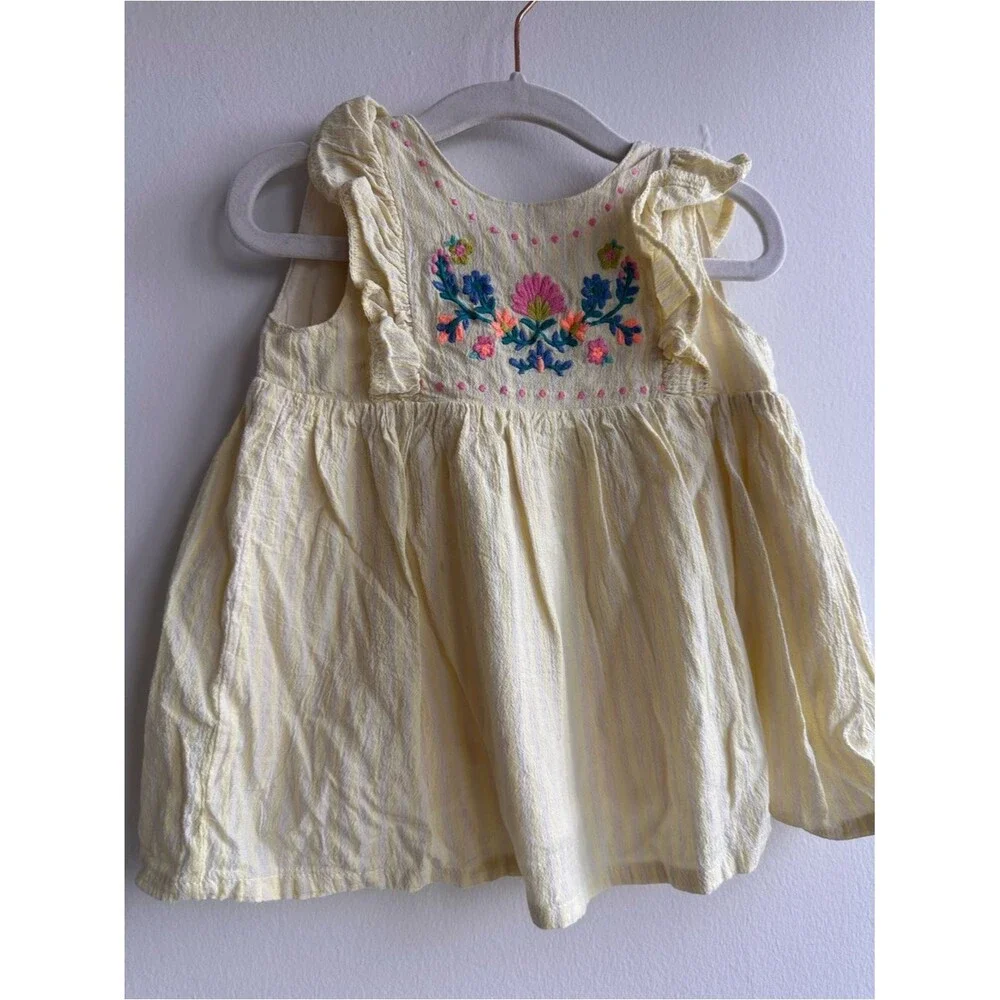 Yellow Striped Embroidered Ruffle Dress